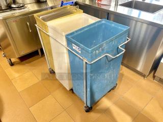 Faribo P434 3-compartment bin assembly, blue, white, and yellow bins, on wheels. Great condition, industrial use.