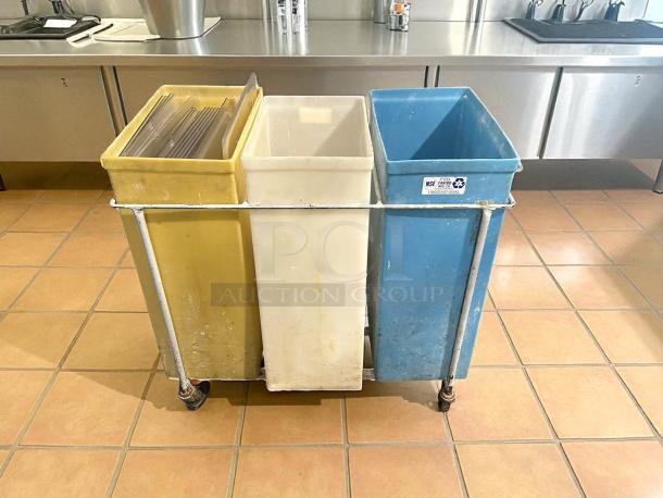 Faribo P434 C/A 3-compartment bin assembly in great condition, featuring yellow, white, and blue bins on a wheeled frame.