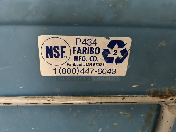 Faribo P434 C/A 3-compartment bin assembly in great condition, blue, NSF and recycling labels visible, contact info provided.