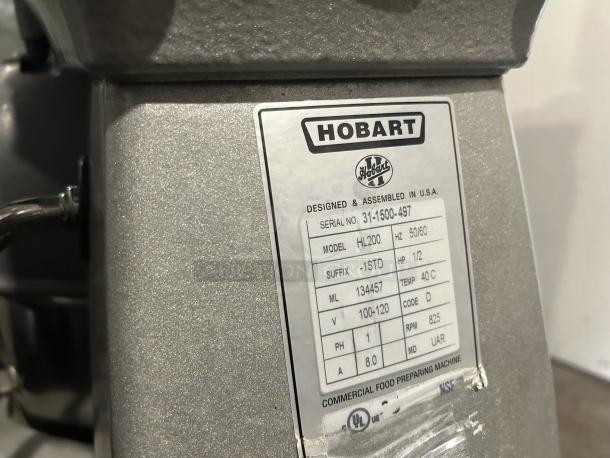 Hobart HL200-1 Legacy+ 20 qt Planetary Mixer, 1/2 hp, 100-120v, serial 31-1500-497, tested, label details shown.
