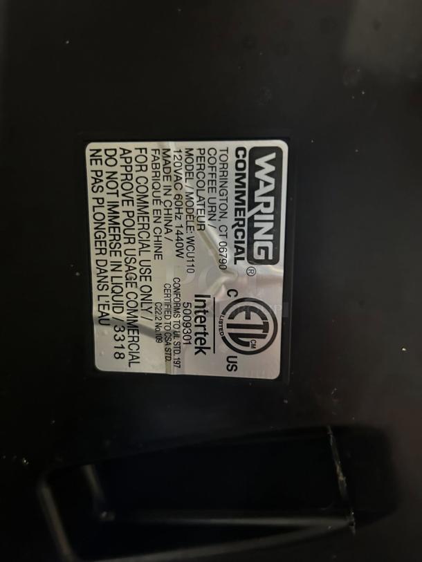 Waring WCU110 coffee urn label, 120v, 1440W, commercial use, model WCU110, tested and working, made in China.