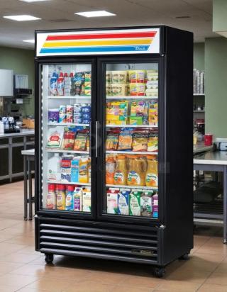 True GDM-43-HC glass door merchandiser, black, two-section, tested, working, showcasing assorted groceries, 47 1/8" width.