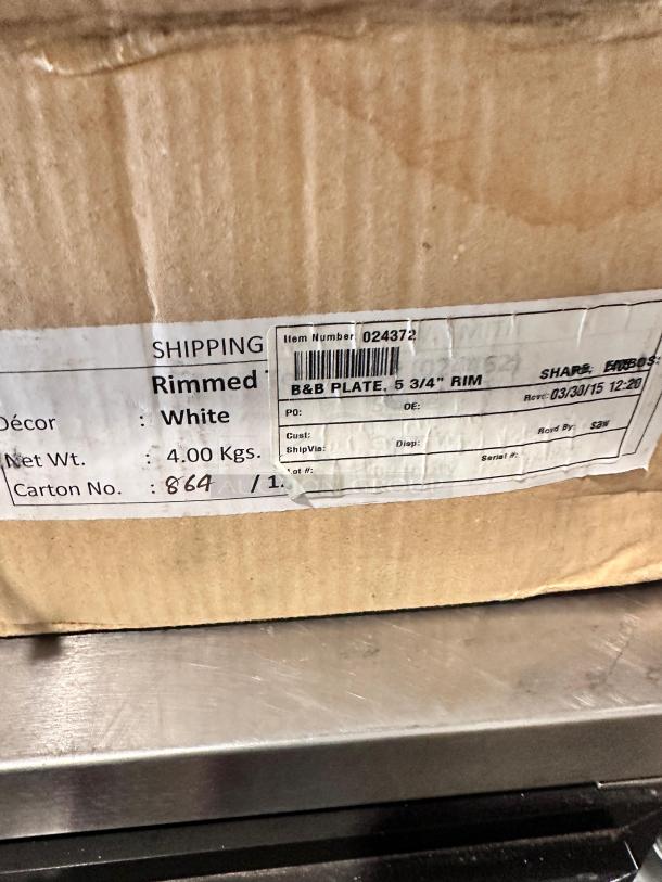 Box of B&B rimmed white plates, 5 3/4" diameter, in superb condition. Shipping label indicates model and quantity details.