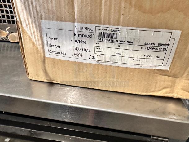 Box of Foodservice Standard rimmed B&B plates, white, 5 3/4" diameter, superb condition, inspected, labeled carton.