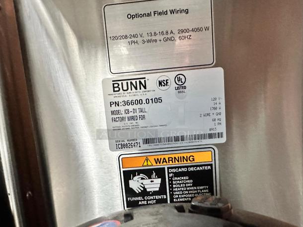 Bunn ICB-DV Tall Coffee Brewer label showing model, voltage, and safety warnings; fully tested, outstanding condition.
