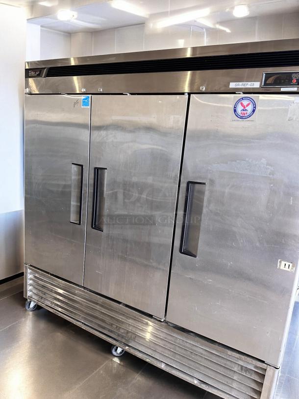 Turbo Air TSR-72SD 3-door deluxe reach-in refrigerator in outstanding condition, stainless steel finish, fully tested and working.