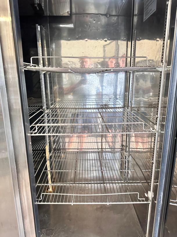 Turbo Air TSR-72SD 3-door fridge, stainless steel interior, wire shelving, excellent condition, fully tested, 115V.