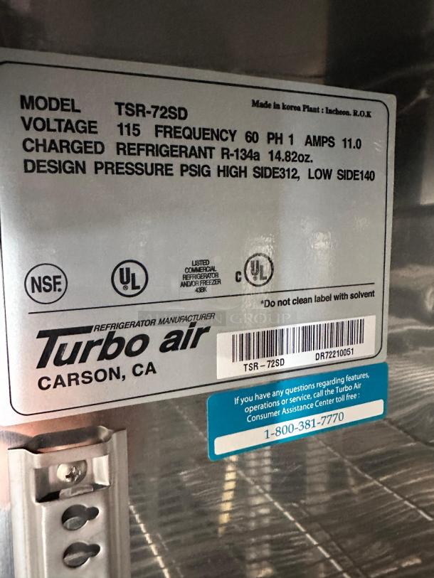 Turbo Air TSR-72SD refrigerator label, indicating model, voltage, refrigerant type, and contact info for the manufacturer.
