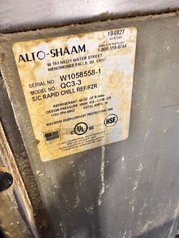 Alto-Shaam QC3-3 label, listing model QC3-3, serial W1058558-1. Rapid chill ref/freezer, 115V, NSF, and UL certified.