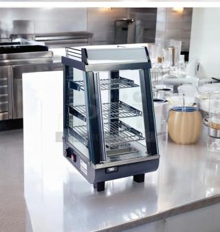 Winco HDM-13 commercial heated display merchandiser, 120V, outstanding condition, stainless steel, three shelves, fully tested.