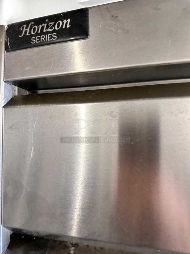 Beverage-Air Horizon Series HF2HC-1S stainless steel two-door refrigerator, excellent condition, Horizon Series label visible.