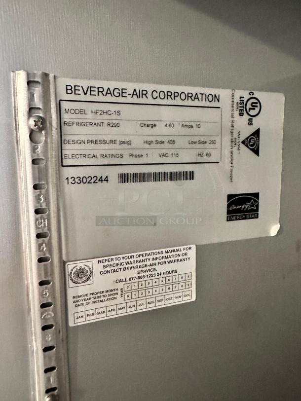 Beverage-Air Horizon Series HF2HC-1S label, two-door reach-in refrigerator, UL listed, 115V, Energy Star certified.