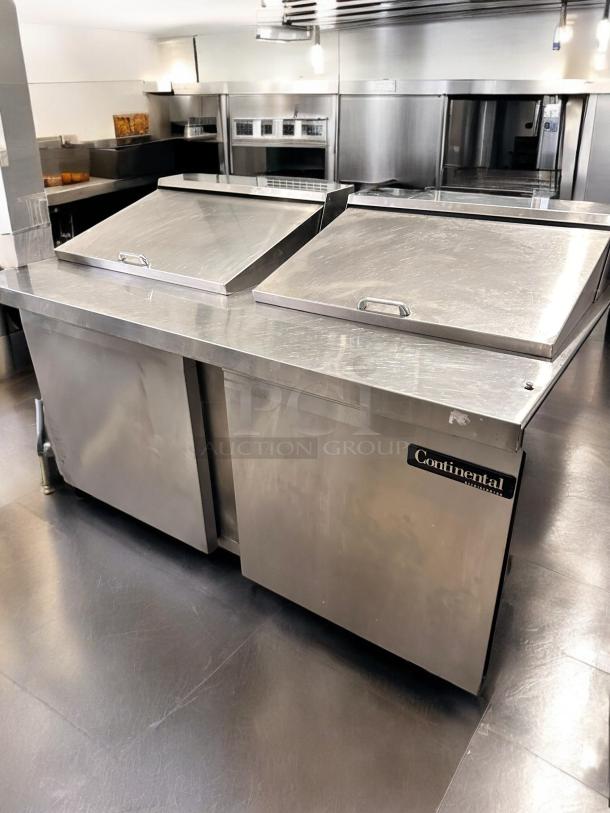 Continental SW60N24M 60" 2-door refrigerated sandwich prep table in excellent condition, stainless steel, branded label visible.