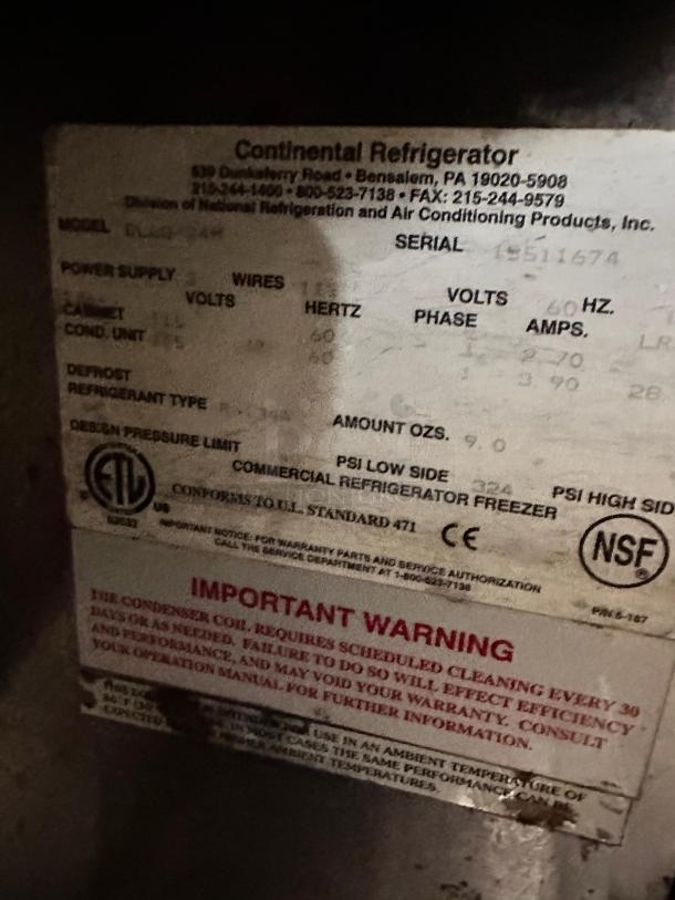 Label on Continental Refrigerator SW60N24M with model, serial number, power specs, and safety warnings.
