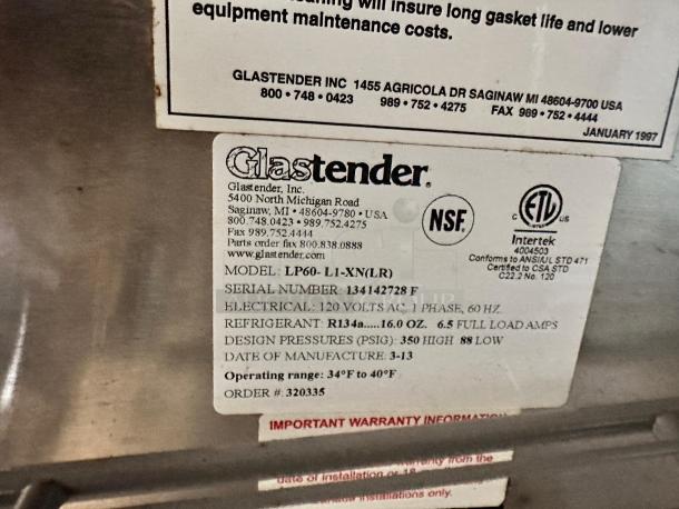 Label for Glastender LP60-L1-XN(LR) 60" back bar cooler, showing model details, electrical specs, and refrigerant type.