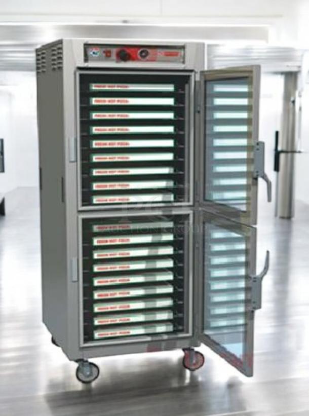 Like-new Metro C5HMEO4 full height heated holding cabinet, 120V, fully tested, with clear doors, multiple shelves, on wheels.