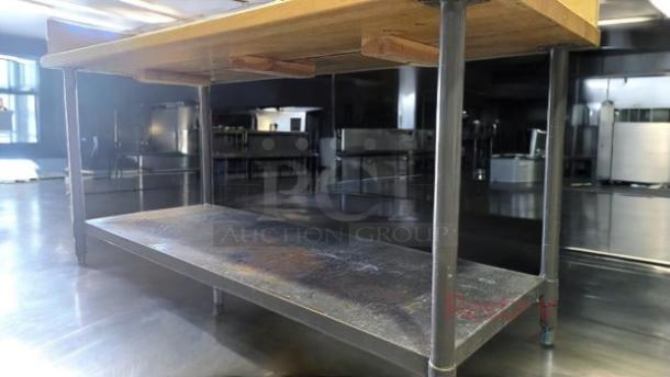 Custom commercial-grade wood butcher block prep table with undershelf, heavy-duty, in great condition, fully tested.