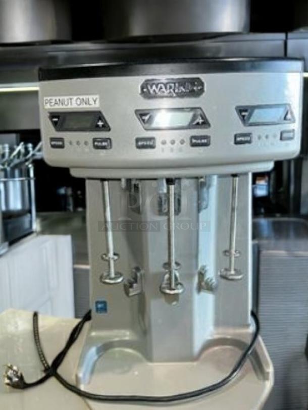 Waring WDM360TX Triple-Spindle Drink Mixer, pristine condition, 120V, fully tested, peanut warning label, three control panels.