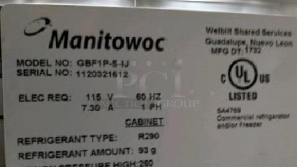 Alt text: Manitowoc Delfield GBF1P-S-IJ nameplate, 115V, commercial reach-in refrigerator, R290 refrigerant, UL certified.