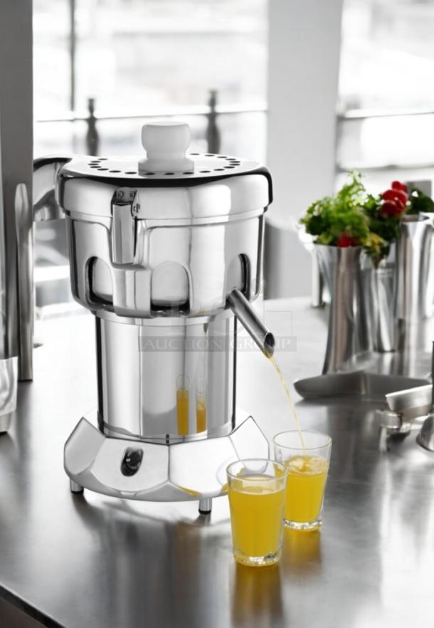 Remarkable condition Ruby 2000 commercial juice extractor, stainless steel, 115V, by Ruby Manufacturing Co., fully tested.