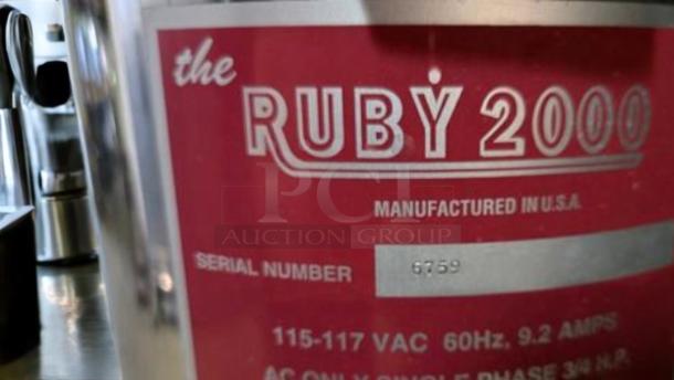 Ruby 2000 juice extractor label showing serial number 6759, 115-117 VAC, 60Hz, 9.2 Amps, in excellent condition.