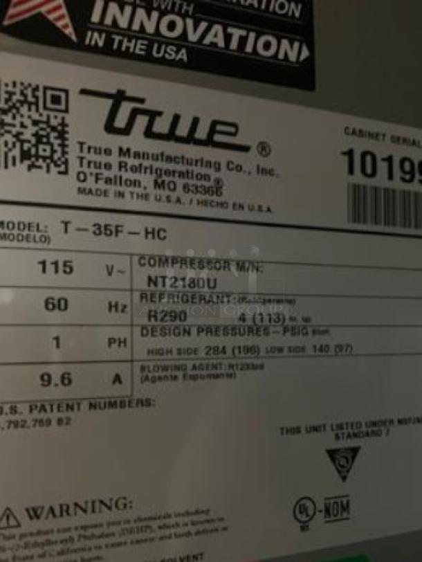 True T-35F-HC double door reach-in freezer label, showing model details and specifications, 115V, made in the USA.
