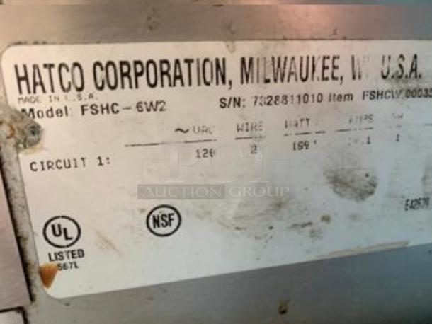 Hatco FSHC-6W2 Flav-R-Savor holding cabinet label, showing model, serial number, UL and NSF certifications.