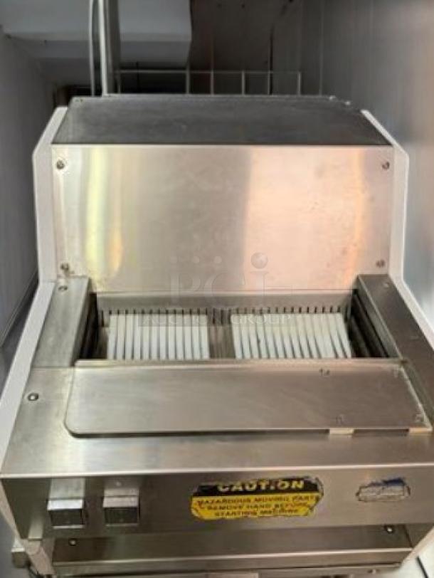 Oliver 711 commercial bread slicer, superb condition, stainless steel, 115V, fully tested and working, caution label visible.