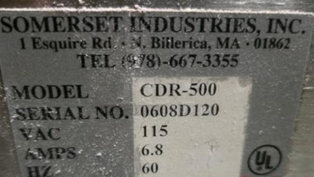 Label on Somerset CDR-500 Dough Roller, showing model, serial number 0608D120, 115V, 6.8 amps, tested and working condition.
