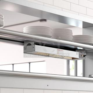 Brand new ServIt 36" strip warmer in packaging, single toggle control, 120V, 850W. Industrial design, labeled caution for hot surface.