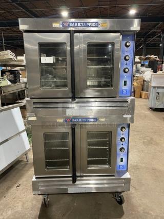 Bakers Pride Cyclone Series stainless steel double convection oven, electric, thermostatic control, wired racks, on casters.