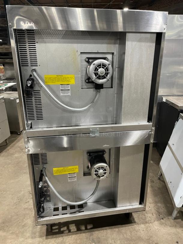 Bakers Pride Cyclone Series double-stacked stainless steel convection oven, electric, thermostatic control, on casters, wired rack included.