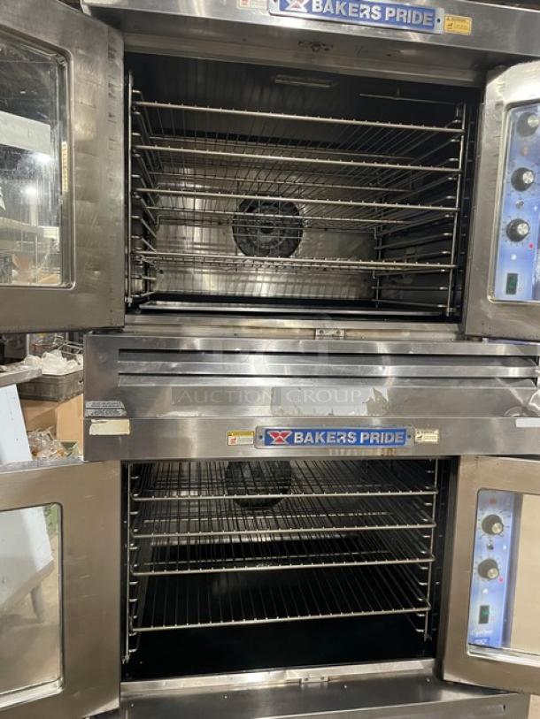 Bakers Pride Cyclone Series stainless steel double stacked convection oven with thermostatic control and wired racks.