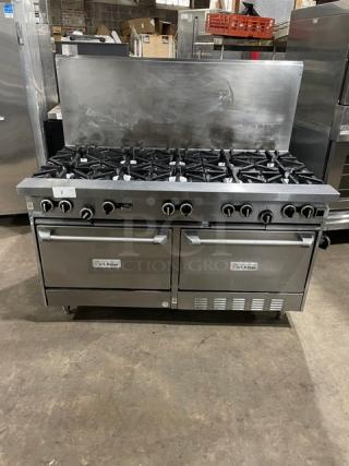U.S. Range commercial stainless steel 10 burner range with double oven, backsplash, wired oven rack; on legs.