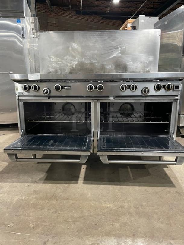 U.S. Range stainless steel 10 burner range with double oven, natural gas, backsplash, wired rack, on legs, commercial use.