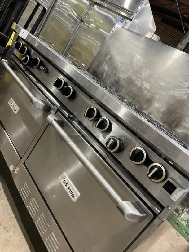 U.S. Range commercial stainless steel 10 burner range with double oven, backsplash, wired oven rack, and on legs. Natural gas powered.