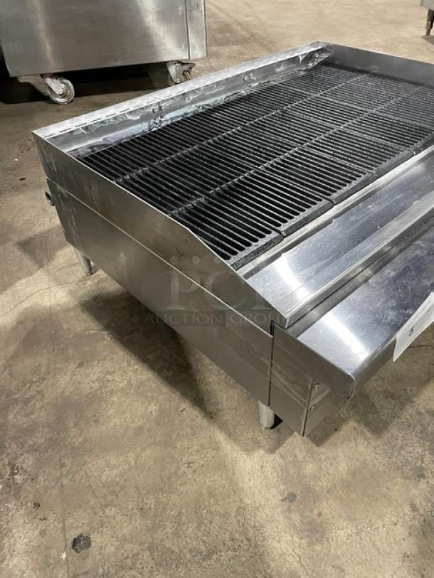Therma-Tek stainless steel char broiler, natural gas, countertop, with back and side splash, on legs, used condition.