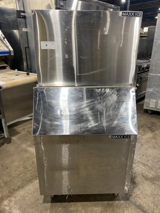 Maxx Ice commercial stainless steel ice making machine, model MIM452, with bin combo. Electric, 115V, single phase, on legs.