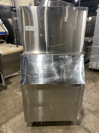 Maxx Ice commercial stainless steel ice making machine, model MIM452, with bin combo. Electric, 115V, single phase, on legs.