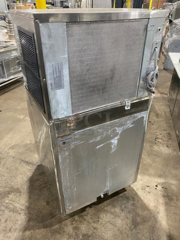 Maxx Ice MIM452 stainless steel ice maker and bin combo, used condition, model SN: 04520517154, 115V, single-phase, on legs.