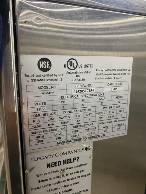 Maxx Ice MIM452 commercial ice maker/bin combo, stainless steel, 115V, 1 phase, on legs, SN: 04520517154; NSF and UL listed.