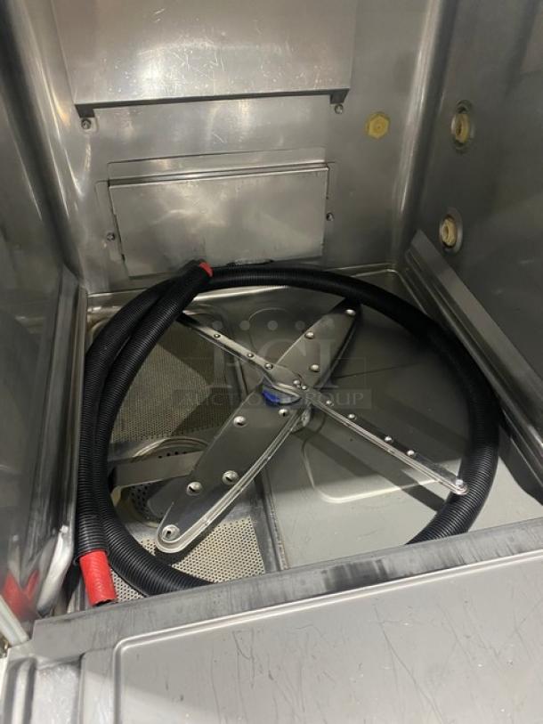 Hobart Advansys LXe Series commercial dishwasher interior, stainless steel, model LXER, serial 231179948, high temp, undercounter.