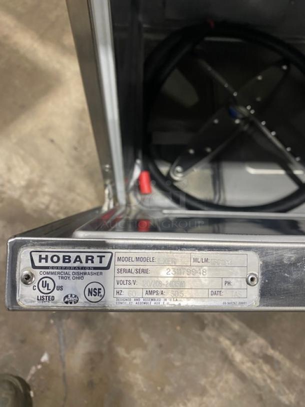 Hobart Advansys LXe Series dishwasher, stainless steel, model LXER, serial 231179948, tag shows 120/208-240V, 1 phase.