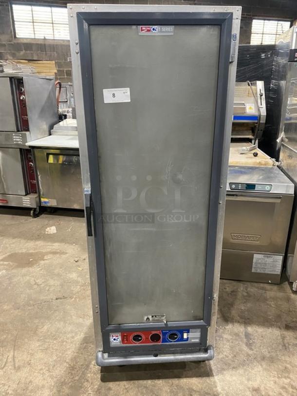 Metro C5-1 Series heated holding cabinet, model C519CFCU, single glass door, non-insulated, 120V, on casters, fair condition.