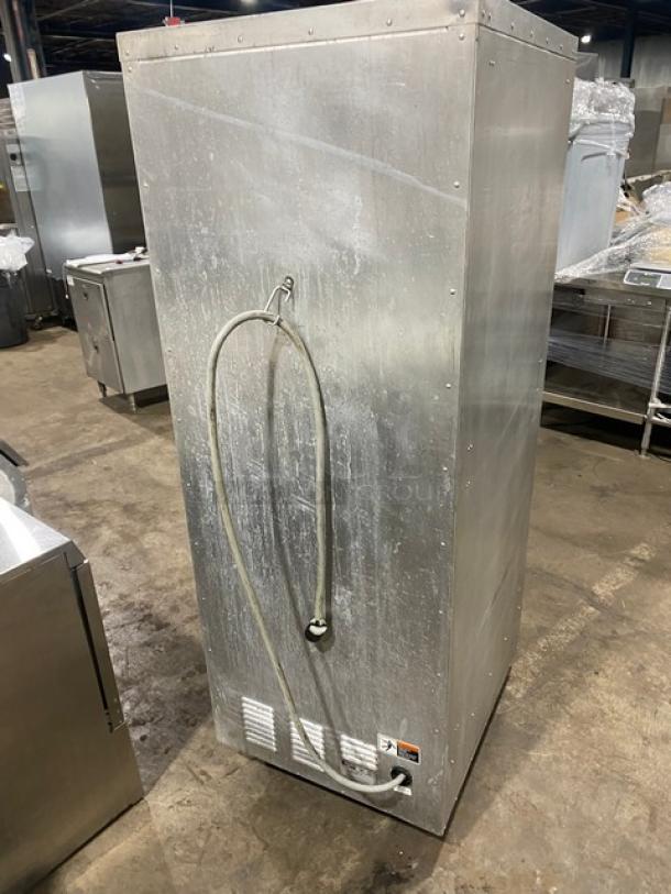 Metro C5-1 Series electric single glass door non-insulated heated cabinet, model C519-CFC-U, 120V, on casters.