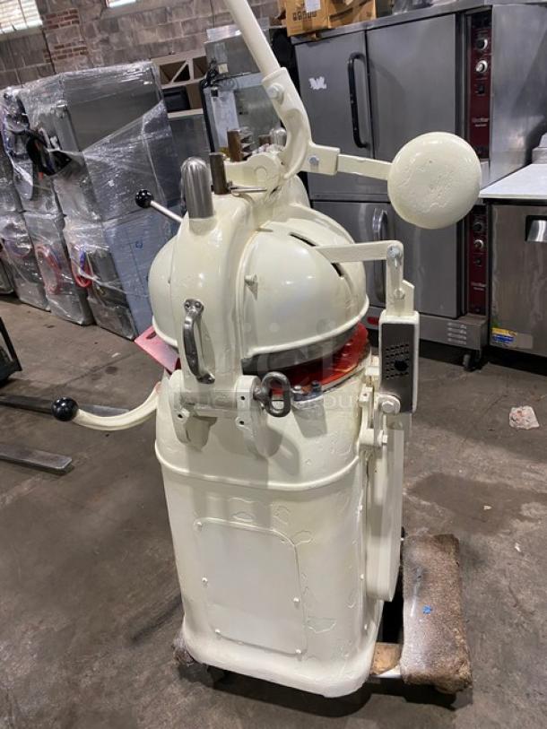 Edmund Schroder Fortuna dough divider/rounder, semi-automatic, floor model, electric, SN 4-22222, with red rounding plate, 208V.