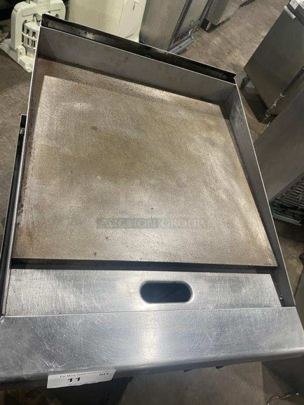 Garland stainless steel gas griddle with thermostatic control, back & side splash, on legs with undershelf stand on casters.