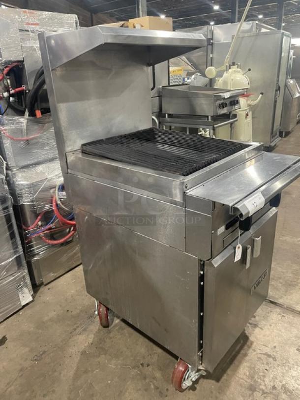 Vulcan VCBB24B char broiler range, stainless steel, natural gas, 24", with cabinet, backsplash, salamander shelf, on casters.