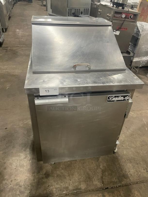 Leader Commercial Stainless Steel Single Door Prep Table, Model NSFM27, with poly-coated wired rack on casters.