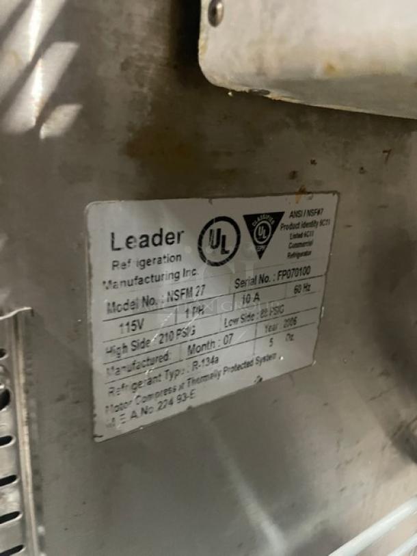 Leader Commercial Refrigerated Prep Table, Model NSFM27, Stainless Steel, Single Door, With Label Detailing Specs, 115V, On Casters.